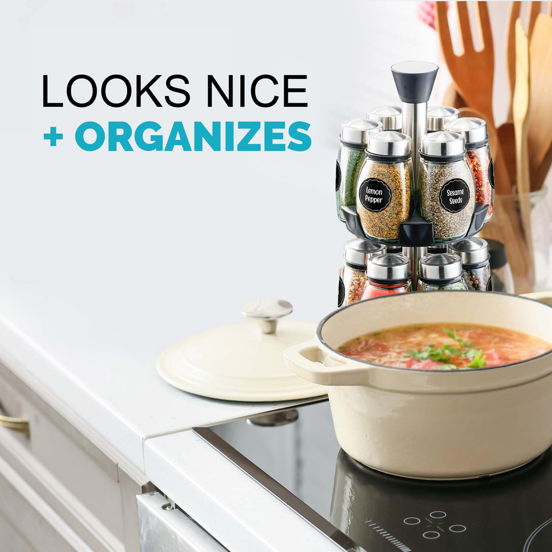 Revolving Spice Rack Organizer - Spinning Countertop Herb and Spice Organizer with 12 Glass Jar Bottles and Labels (Spices Not Included)