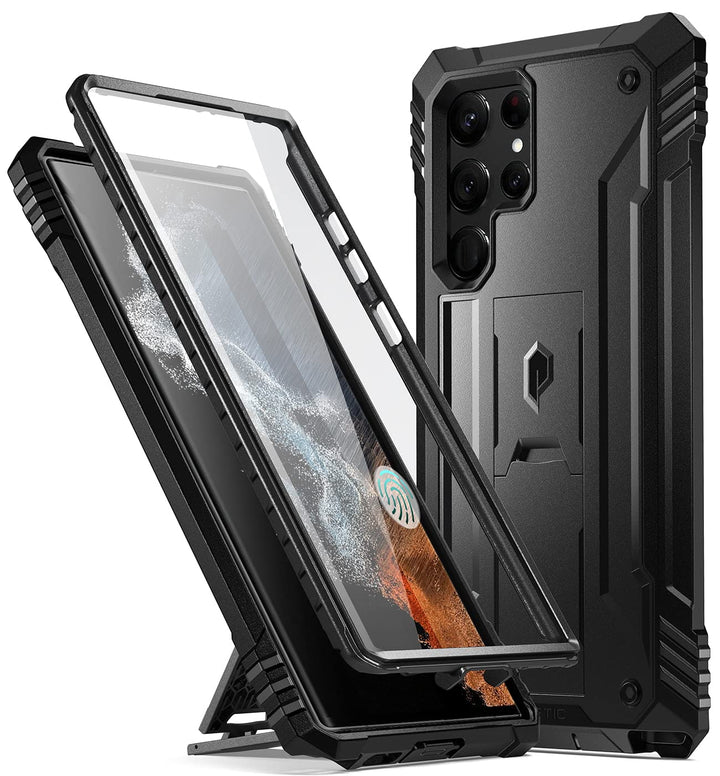 Revolution Case Compatible with Galaxy S22 Ultra 5G 6.8 inch, Full Body Rugged Shockproof Protective Cover Case with Kickstand, Built-in Screen Protector Work with Fingerprint ID, Black