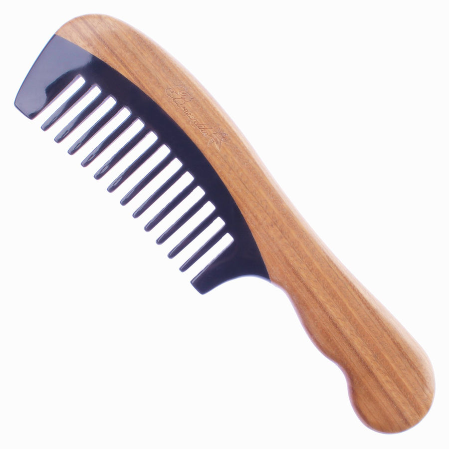 Sandalwood Hair Comb - Wavy Handle Wide Tooth Comb for Women - No Static Wooden Black Buffalo Horn Comb for Detangling