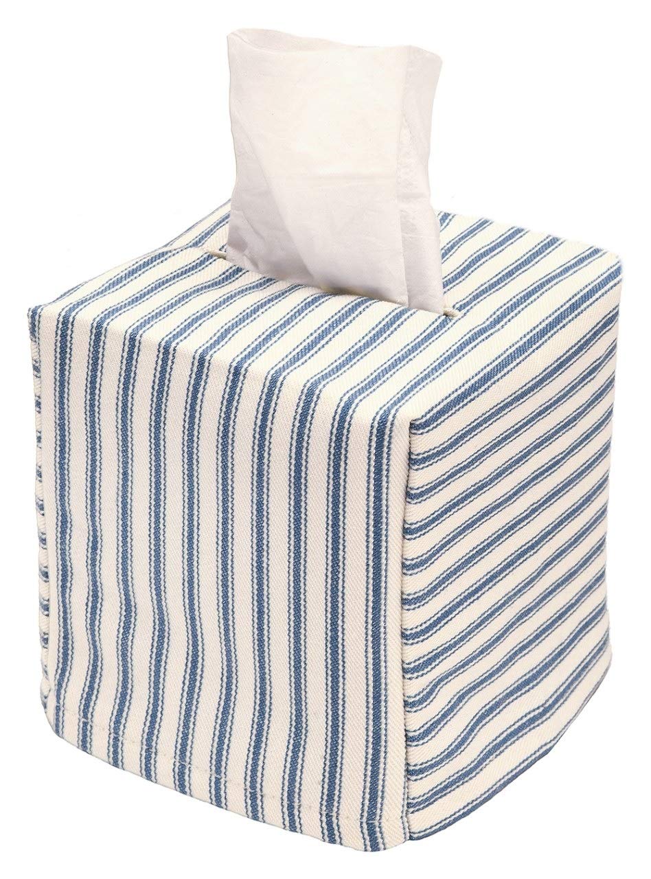 Fabric Tissue Box Cover, Tissue Holder Slipcover, Slips Over Square Cube Cardboard Facial Tissue Boxes -Decorative Blue Bathroom Decor Ticking Stripe, Cotton, Lined