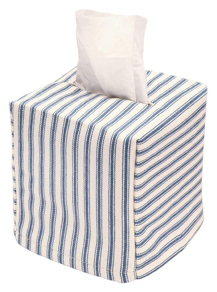 Fabric Tissue Box Cover, Tissue Holder Slipcover, Slips Over Square Cube Cardboard Facial Tissue Boxes -Decorative Blue Bathroom Decor Ticking Stripe, Cotton, Lined