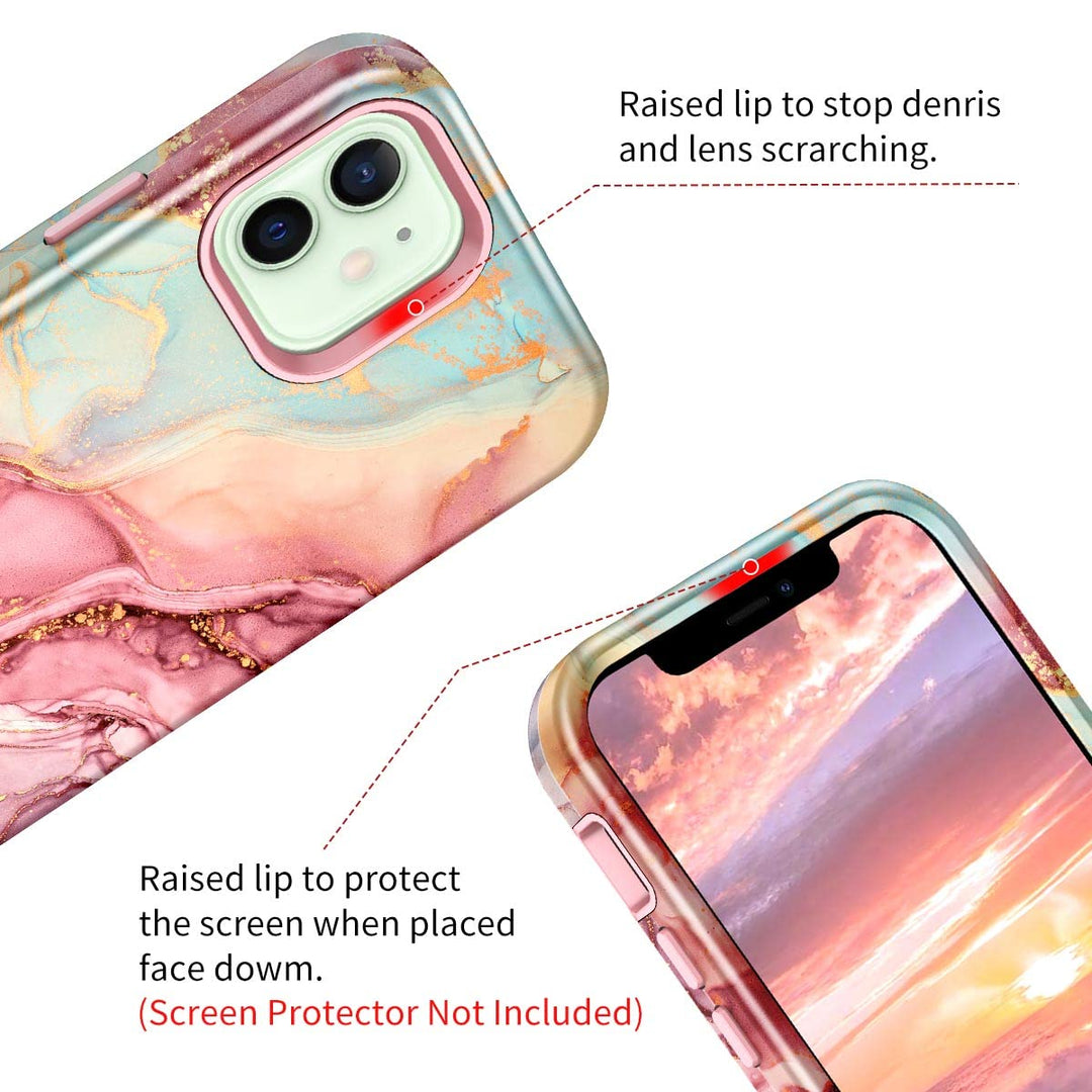 for iPhone 12 Case/iPhone 12 Pro Case, Heavy Duty Three Layer Marble Shockproof Full Body Rugged Hard PC+Soft TPU Bumper Drop Protection Women Girls Cover for iPhone 12/12 Pro, Rose Gold