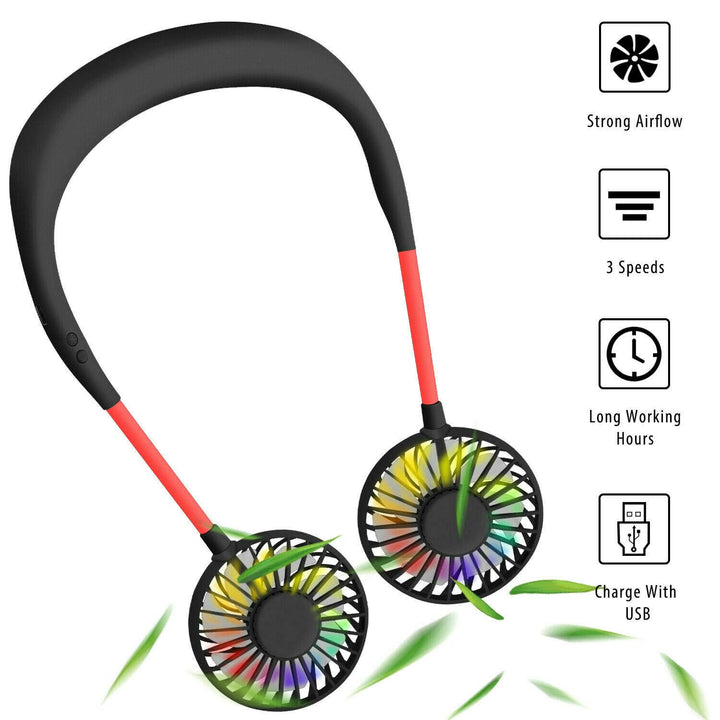 Portable Neck Fan, USB Rechargeable Fan with 3 Speeds Adjustable, Neck Fans Portable Rechargable Prime with LED Lights - Black