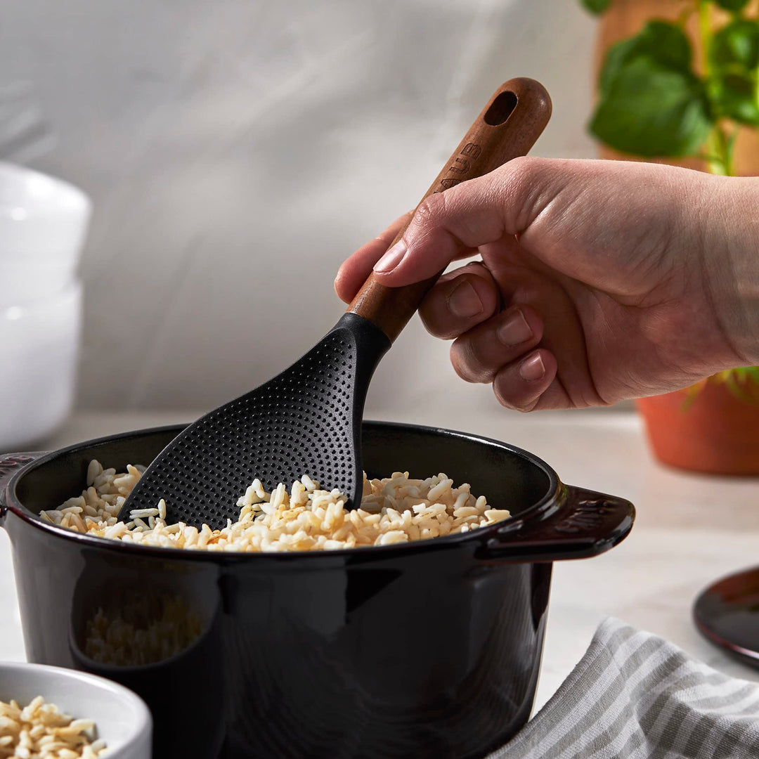 Rice Spoon, Perfect for Keeping Rice Fluffy While Scooping and Serving, Durable BPA-Free Matte Black Silicone, Acacia Wood Handles, Safe for Nonstick Cooking Surfaces, 8.75 x 3 x 0.75 inches