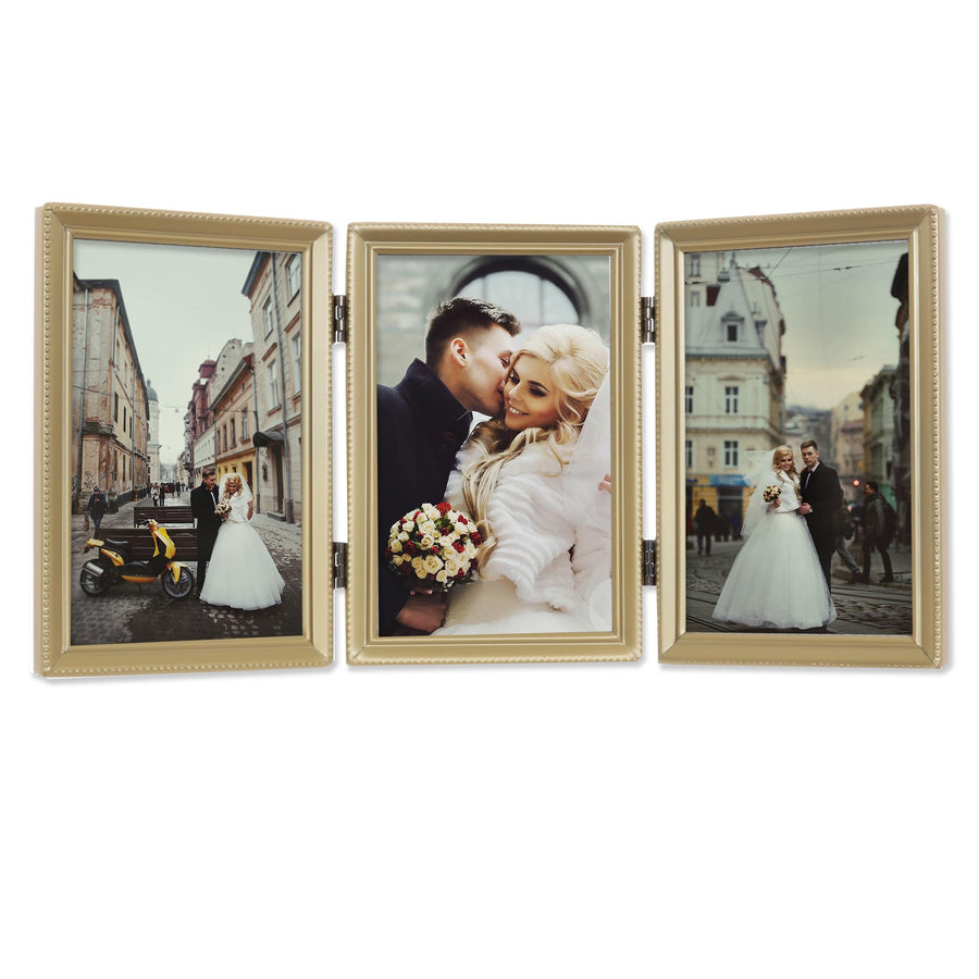 Antique Brass 4x6 Hinged Triple Picture Frame - Bead Border Design, Satin Gold