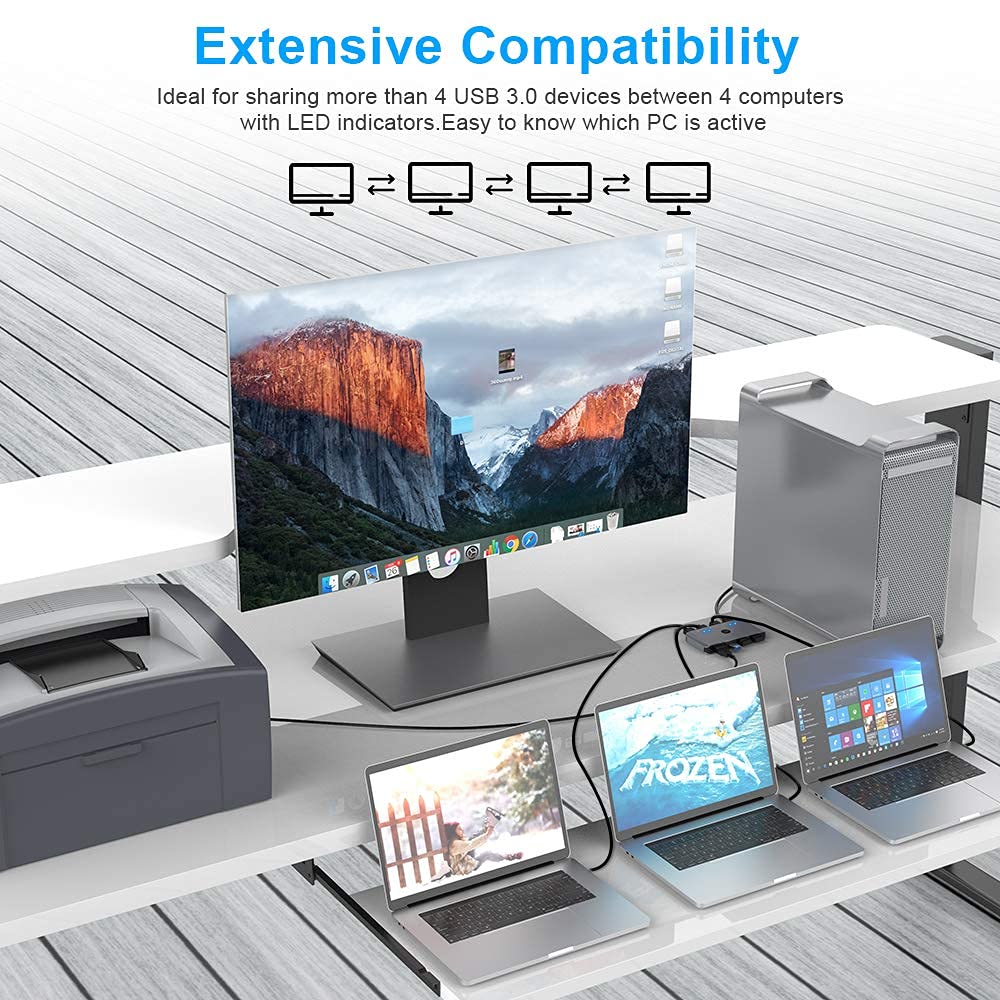 USB 3.0 Switcher Selector 4 Computers Sharing 4 USB Devices Aluminum KVM Switch Hub Adapter for Mouse Keyboard Scanner Printer PC, KVM Console Box with One Button Swapping and 4 Pack USB Cable