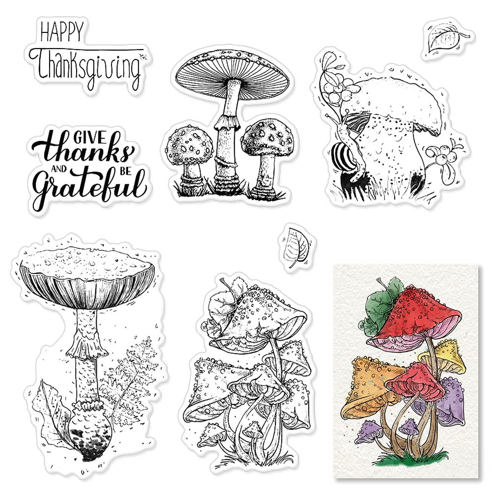 Mushroom Clear Stamps for Card Making and Photo Album Decorations, Flower Leaves Words Clear Rubber Stamps Silicone Reusable Stamp for DIY Scrapbooking Paper Craft Album Decoration
