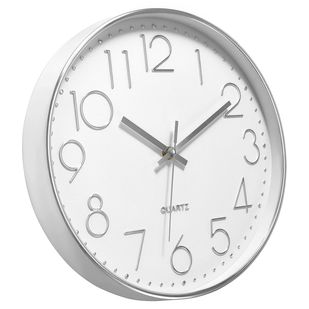 Silver Wall Clock Silent Non-Ticking Battery Operated Round Modern Wall Clock for Office School Home Living Room Bedroom Bathroom Kitchen Decor 12 inch