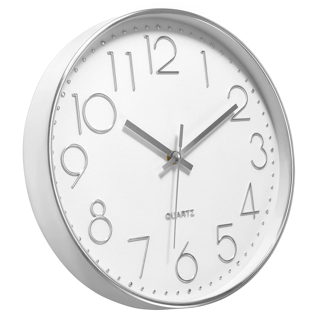 Silver Wall Clock Silent Non-Ticking Battery Operated Round Modern Wall Clock for Office School Home Living Room Bedroom Bathroom Kitchen Decor 12 inch
