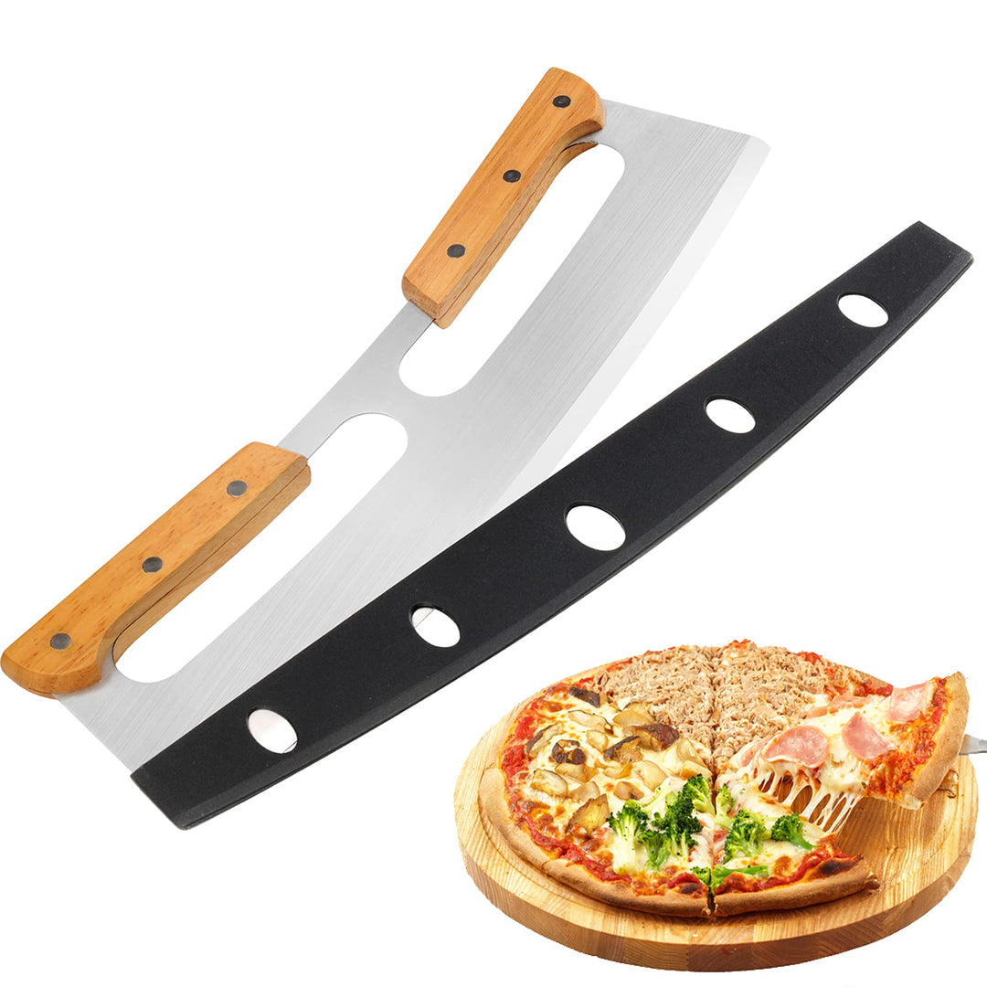 Pizza Cutter Rocker with Wooden Handles &amp; Protective Cover, 14 Sharp Stainless Steel Pizza Slicer Wheel, Big Pizza Knife Cutters for Kitchen Tool (14inch)