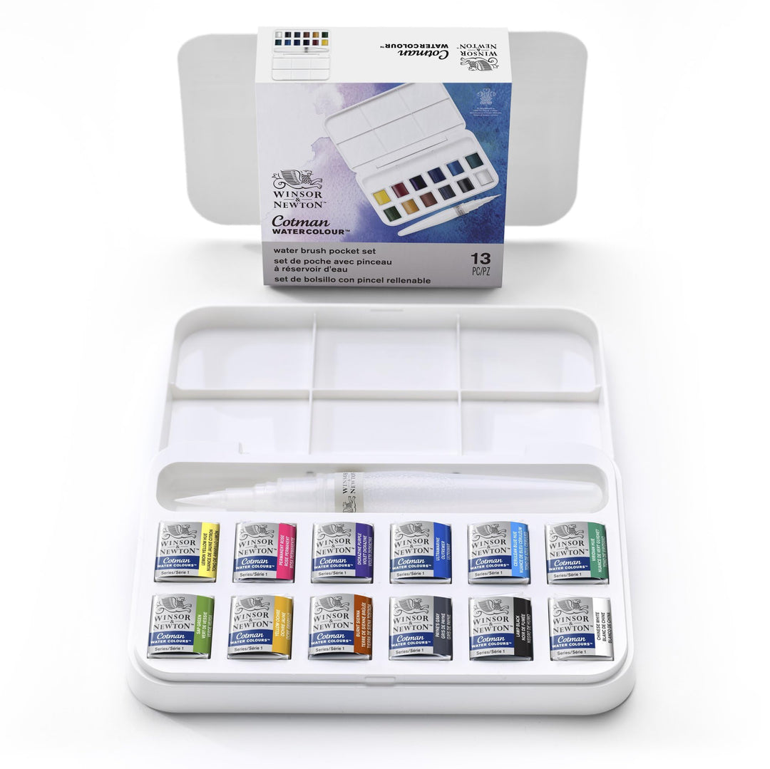 Winsor &amp; Newton Cotman Watercolor Paint Set, 12 Half Pan w/ Water Brush Pen and Mixing Palette