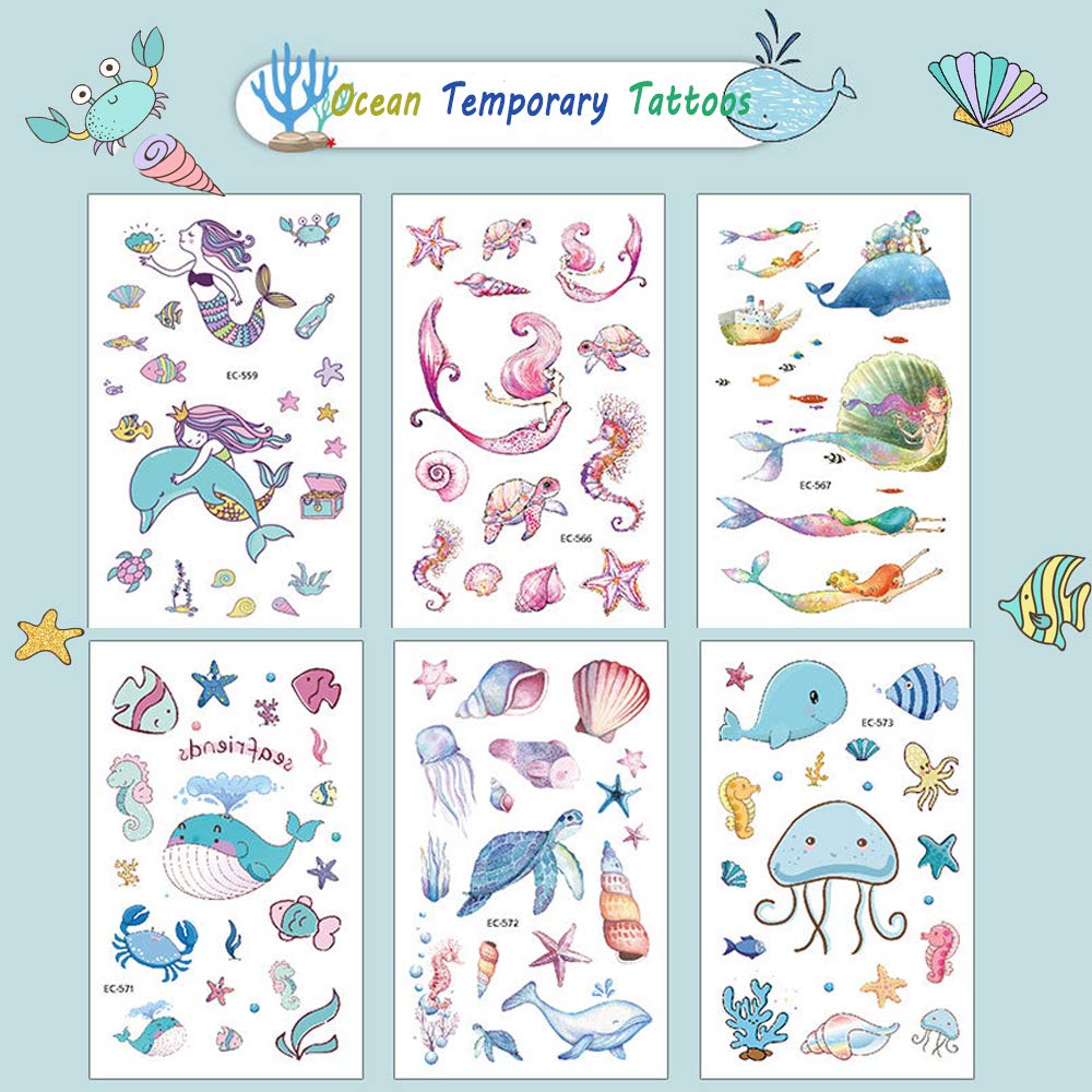188PCS Ocean Temporary Tattoos for Kids - Mermaid, Dolphin, Whale Tattoo Body Stickers - Cartoon Tattoos Sticker for Boy Girl Birthday Party Decorations Supplies Favors(12 Sheets)