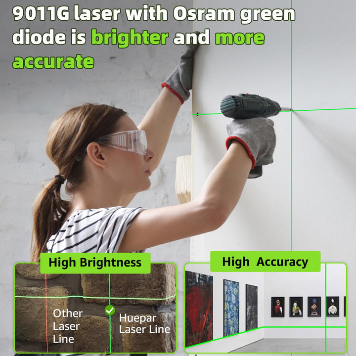 HUEPAR Laser Level Self-Leveling - 100 feet DIY Bright Green Cross Line Laser Leveler for Picture Hanging, Tile, Decoratio and Construction Indoor Project, 360° Magnetic Base &amp; Battery Included
