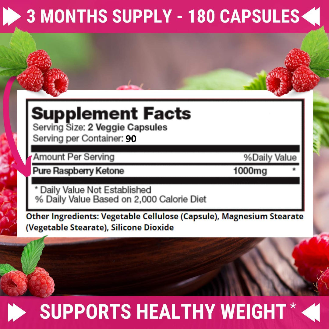 Pure 100% Raspberry Ketones Max 1000mg Per Serving - 3 Month Supply Non GMO - Advanced Weight Loss Support - 180 Capsules