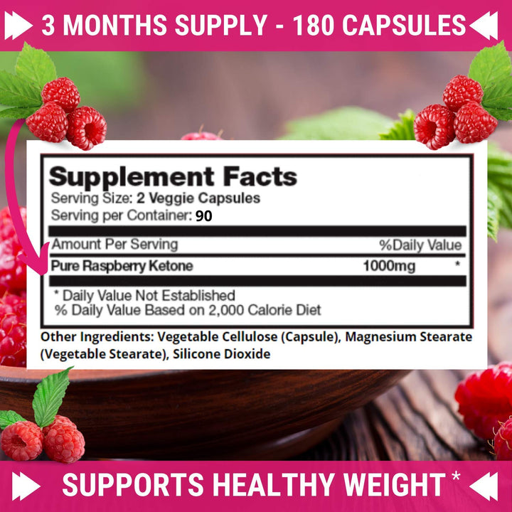 Pure 100% Raspberry Ketones Max 1000mg Per Serving - 3 Month Supply Non GMO - Advanced Weight Loss Support - 180 Capsules