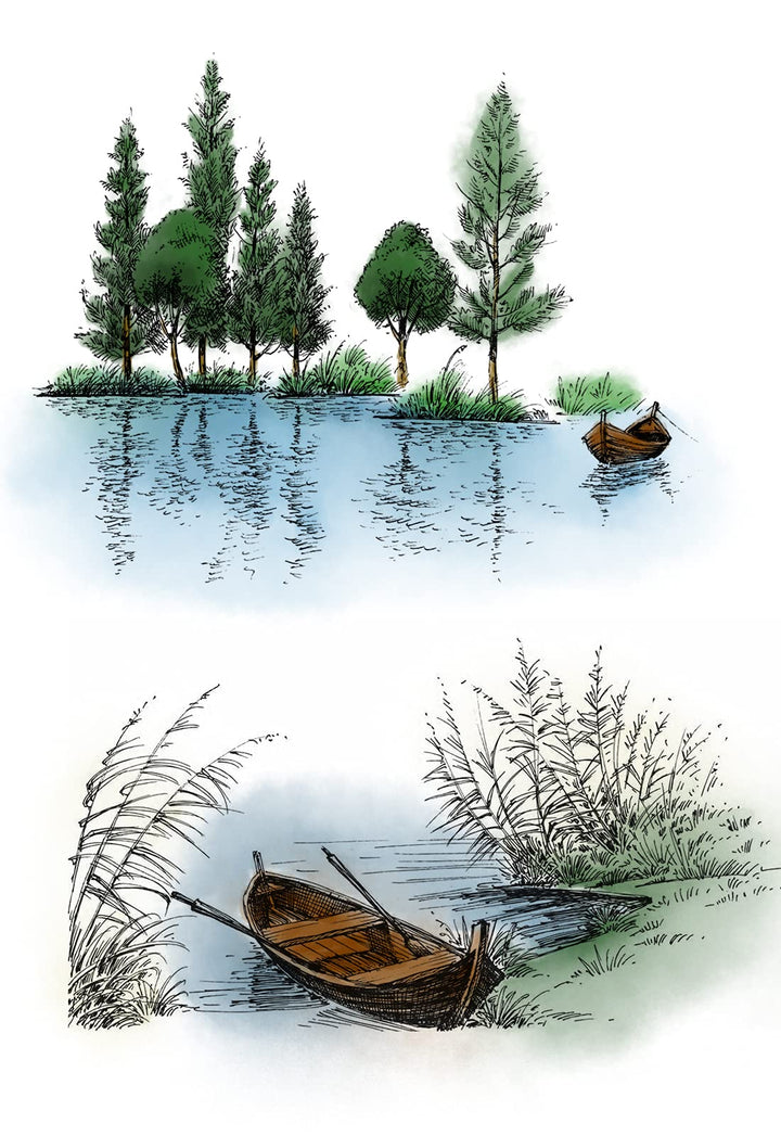 Lake River Scenery Trees Boat Clear Stamps for Card Making and Scrapbooking Card Making Words Transparent Stamps Silicone Stamps Photo Album Decor