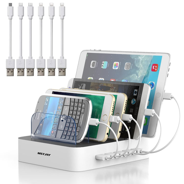 Charging Station for Multiple Devices, 5 Port Multi USB-A Charger Station with Power Switch Designed for iPhone iPad Cell Phone Tablets (White, 6 Mixed Short Cables Included)