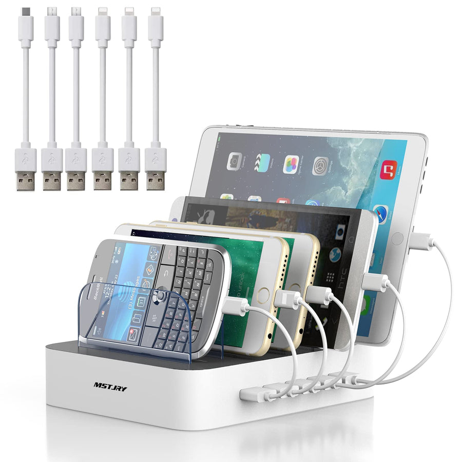 Charging Station for Multiple Devices, 5 Port Multi USB-A Charger Station with Power Switch Designed for iPhone iPad Cell Phone Tablets (White, 6 Mixed Short Cables Included)