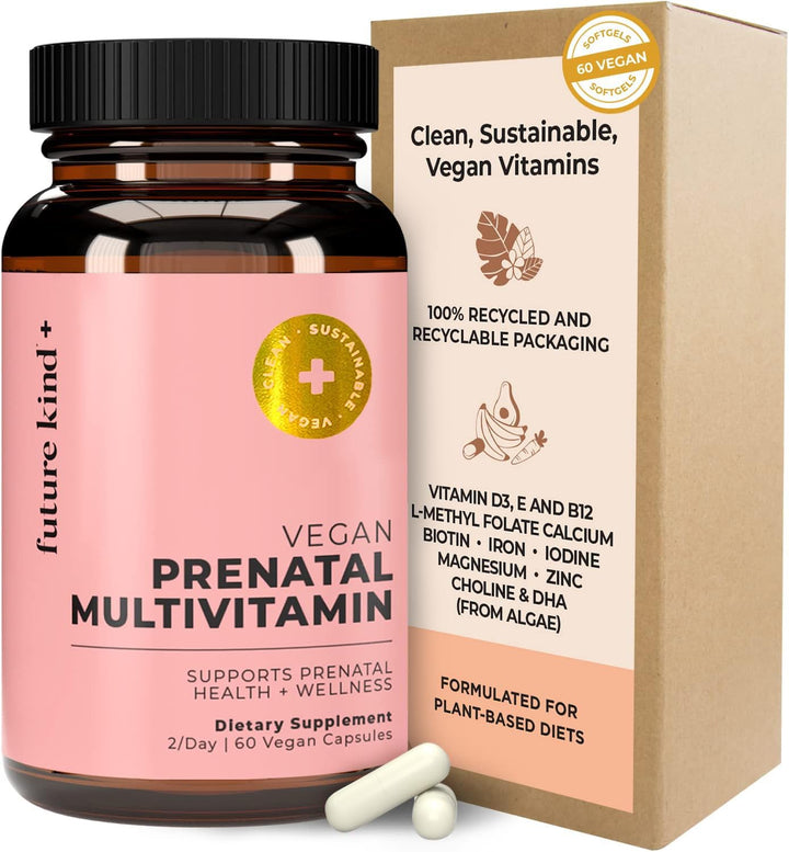 Vegan Prenatal Vitamin with DHA &amp; L-Methylfolate in Glass Bottle - Prenatal Folate Supplement for Women with Vitamin D &amp; E, Iron &amp; Biotin - Gluten-Free, Non-GMO (60ct)