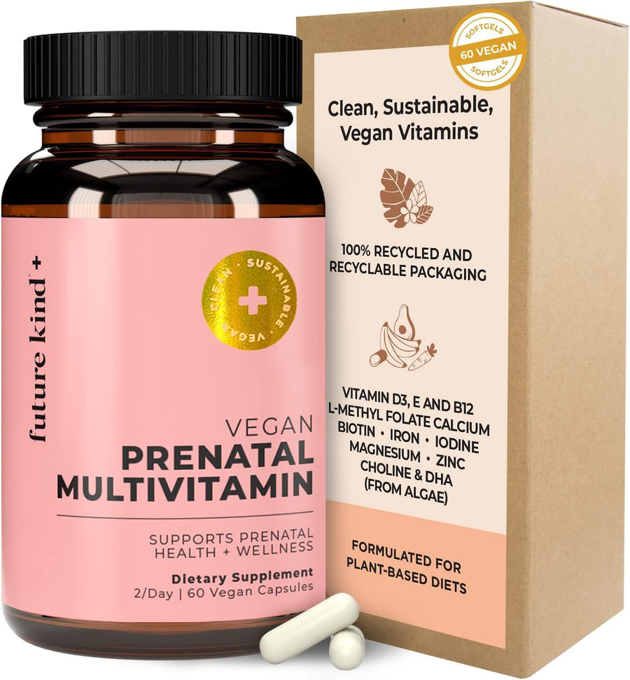 Vegan Prenatal Vitamin with DHA & L-Methylfolate in Glass Bottle - Prenatal Folate Supplement for Women with Vitamin D & E, Iron & Biotin - Gluten-Free, Non-GMO (60ct)