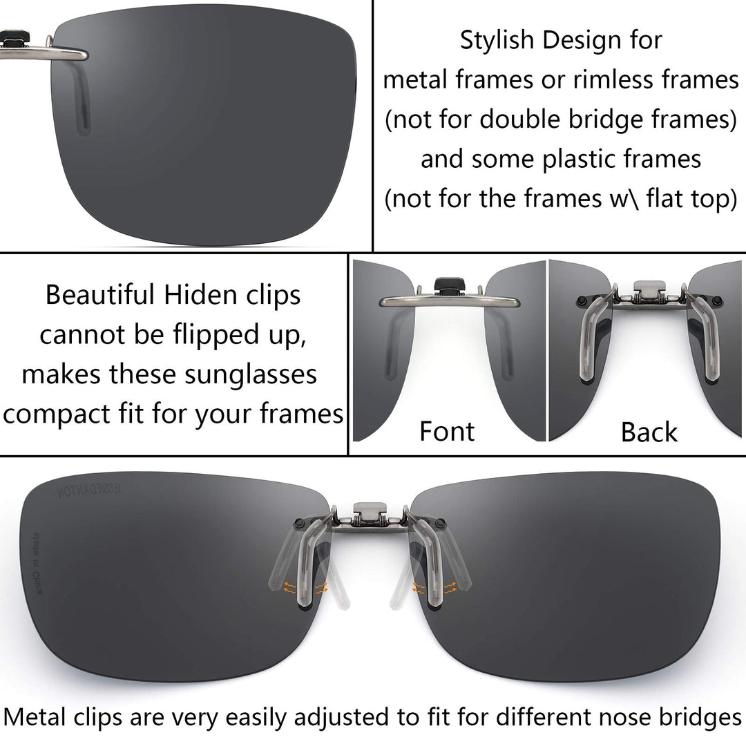 Polarized Clip On Rectangular Sunglasses Over Prescription Glasses Men Women Compact Fit Non-Flip Up, Black, Extra Large