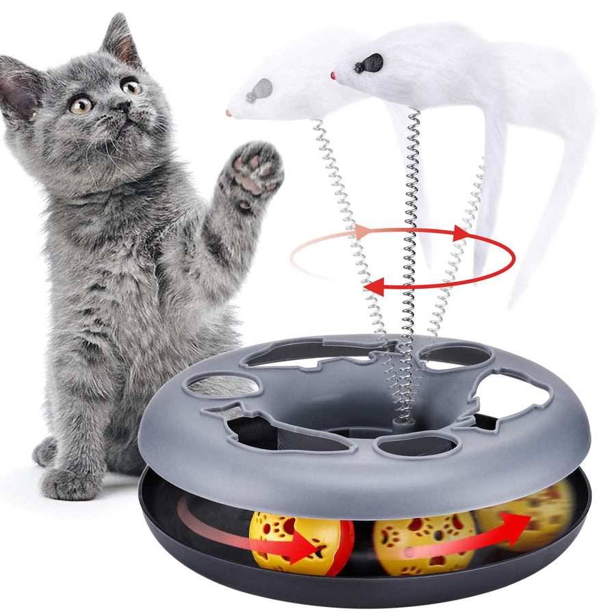 Interactive Kitten Toys Roller Track with Catnip Spring Pet Toy with Exercise Balls Teaser Mouse for Indoor Cats (Soft Grey)