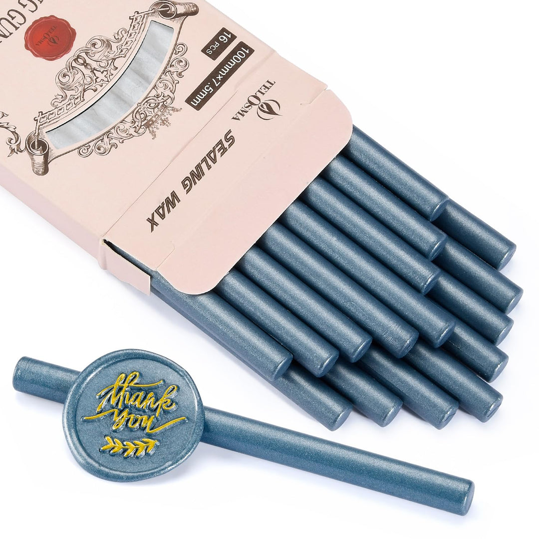 16 Pcs Hot Melt Glue Wax Sticks Steel Blue Color for Mini Glue Gun, Make Wax Seals for Wedding Invitations, Thank You Cards, Envelopes, Gift Wrapping