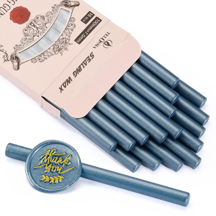 16 Pcs Hot Melt Glue Wax Sticks Steel Blue Color for Mini Glue Gun, Make Wax Seals for Wedding Invitations, Thank You Cards, Envelopes, Gift Wrapping