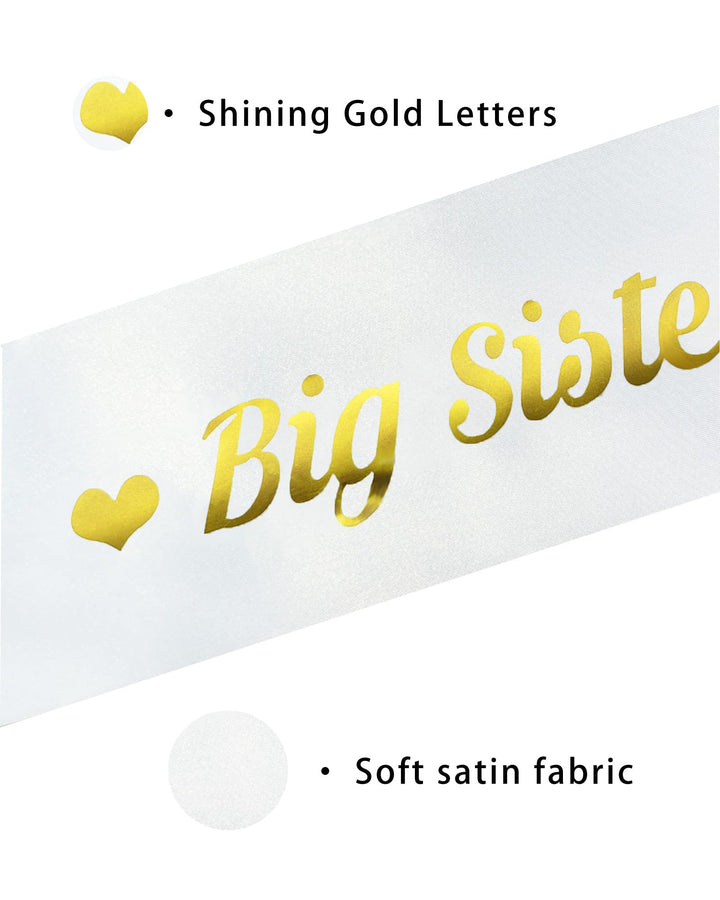 Blingbling Big Sister to be Sash, White Satin with Gold Font with Heart, Best Baby Shower Decorations Gifts, Baby Boy Or Girl Neutral (Children&#39;s Style)
