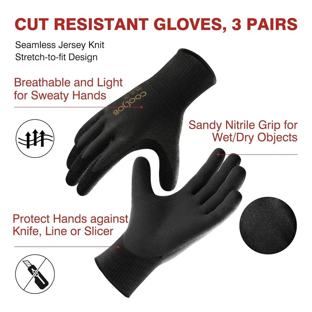 A3 Cut Resistant Fishing Gloves for Men, Touchscreen Safety Work Gloves with Grip Nitrile, Knife Proof Anti-slip Dexterous Rubber Gloves for Glass Handling Wood Carving, Black, Xlarge, 1 Pair