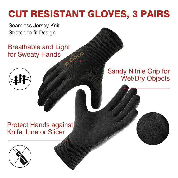 A3 Cut Resistant Fishing Gloves for Men, Touchscreen Safety Work Gloves with Grip Nitrile, Knife Proof Anti-slip Dexterous Rubber Gloves for Glass Handling Wood Carving, Black, Xlarge, 1 Pair