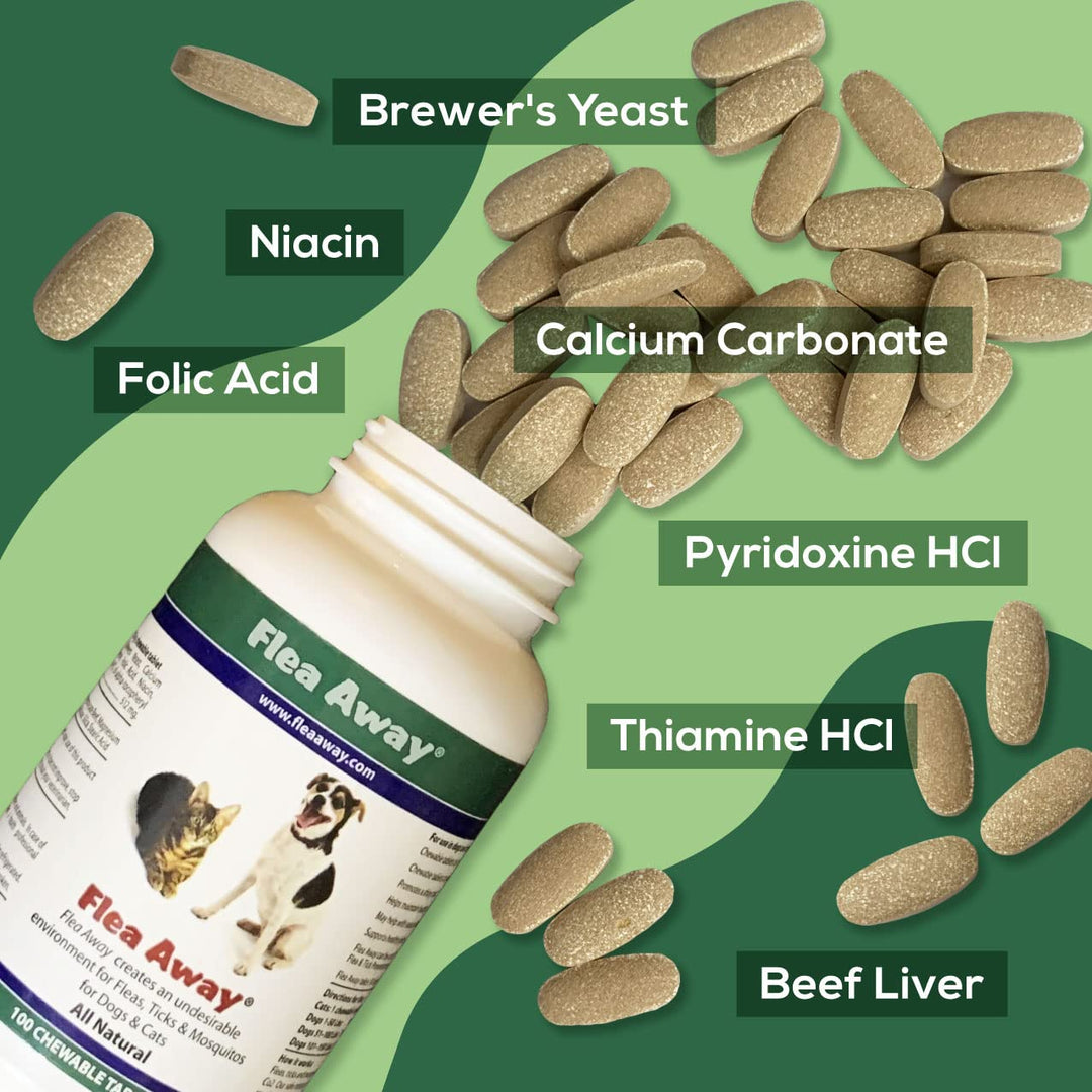 Flea Away All Natural Supplement for Fleas, Ticks, and Mosquitos Prevention for Dogs and Cats, 100 Chewable Treat Tablets, Single