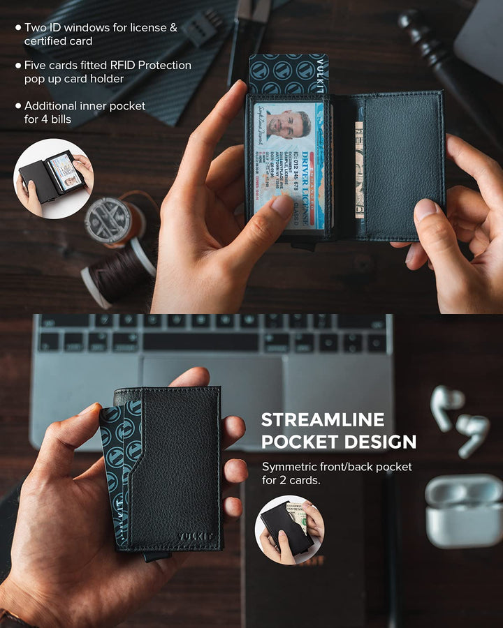 Card Holder Wallet for Mens with ID Windows RFID Blocking Pop Up Wallet Slim Leather Wallet Holds Up to 12 Cards Men&#39;s Card Case, Black