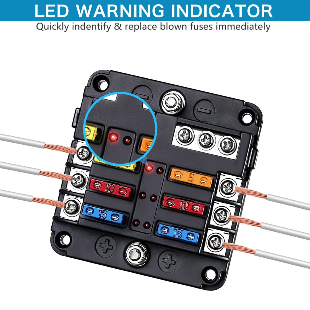 12 Volt Fuse Block, Waterproof 6 Way Fuse Box with 6 Ground Negative Busbar for Automotive[100 Amp Max] [ATC/ATO Fuses] [LED Indicator] [2 Spare Fuse Slots] for Car Boat Marine RV DC 12-24V