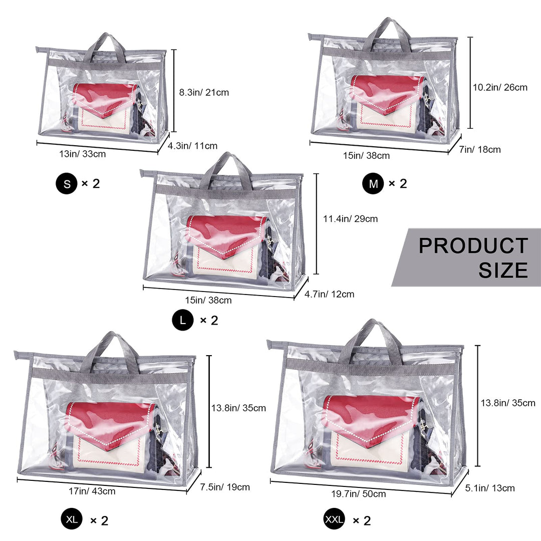 10Pcs Clear Handbag Storage Organizer Dust Cover Bags, 5 Sizes Transparent Purse Protector Storage Bag with Zipper and Handle for closet shelf - Dustproof &amp; Moistureproof (Grey)