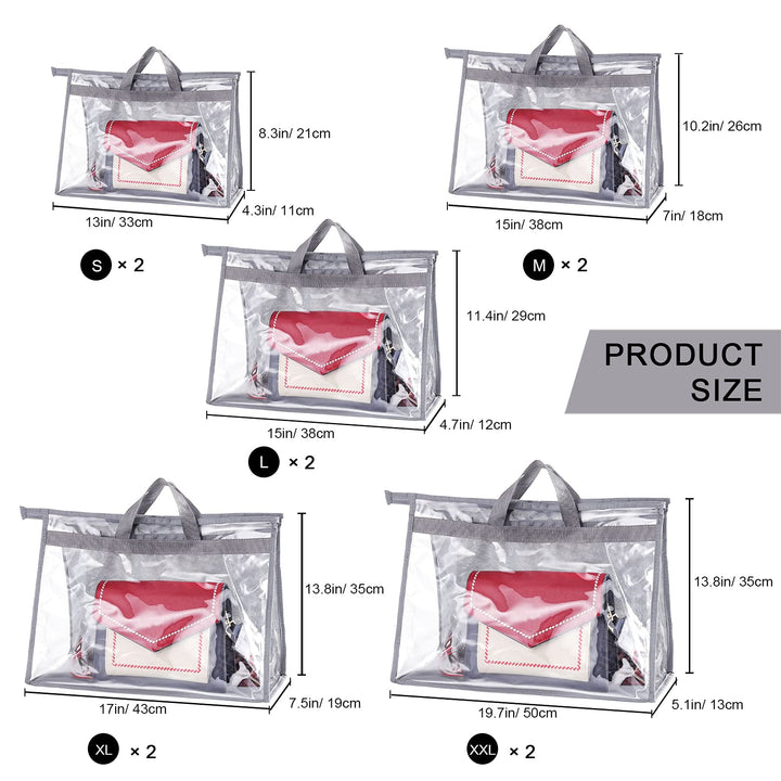 10Pcs Clear Handbag Storage Organizer Dust Cover Bags, 5 Sizes Transparent Purse Protector Storage Bag with Zipper and Handle for closet shelf - Dustproof &amp; Moistureproof (Grey)