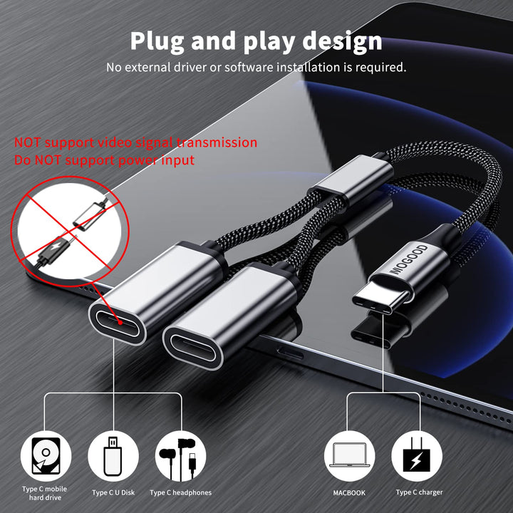 USB C to Dual USB C Female Adapter, 2 Ports, Not for Monitor and Charging, Incredibly Durable, Super Fit, 5V/0.9A Power Output