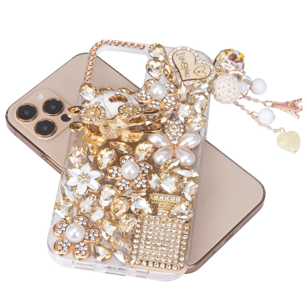 Bling Case, Girls Women 3D Luxury Sparkle Glitter Diamond Crystal Rhinestone Pumpkin Car Charm Pendant Protective Case Cover for iPhone 13 Pro Max 6.7 inch (Champagne)