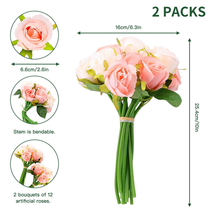 24 Heads Artificial Rose Flowers Bouquet Silk Flower Roses with Stems Home Bridal Wedding Party Festival Decor (2 Packs Champagne and Pink)