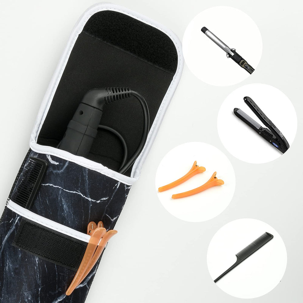 Heat Resistant Neoprene Curling Iron Cover Bag, Universal Curling Iron Cover Sleeve, Flat Iron Curling Wand Travel Case Pouch for Travel, Gym, or Home, 15 x 5 Inches, Black Marble Pattern,