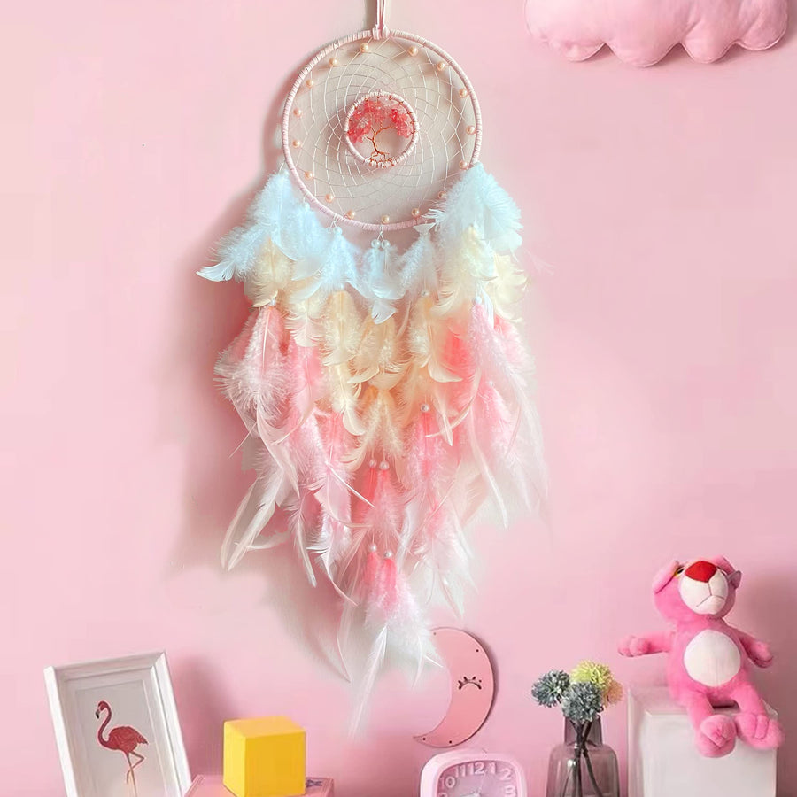Handmade Feather Dream Catcher,Dreamlike Tree of Life Dream Catcher Wall Decor with Healing Crystal Stone,Perfect Handmade Home Décor,Girls Bedroom Living Room Wedding Party Home Decor- 25.6 Length