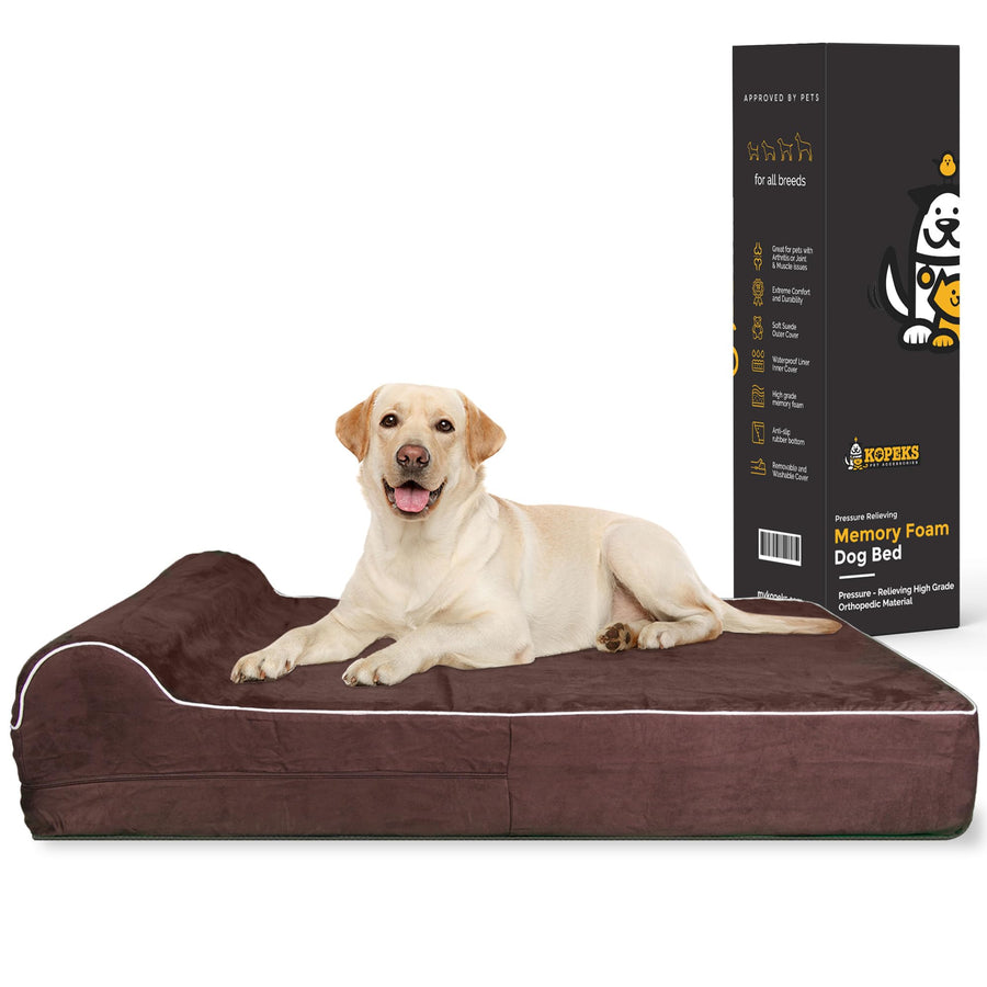 Orthopedic Memory Foam Dog Bed 7 Inch Thick Extra Large Dog Bed With Pillow Brown 50x34x10 Includes Waterproof Liner & Durable Removable Cover With Smart Design