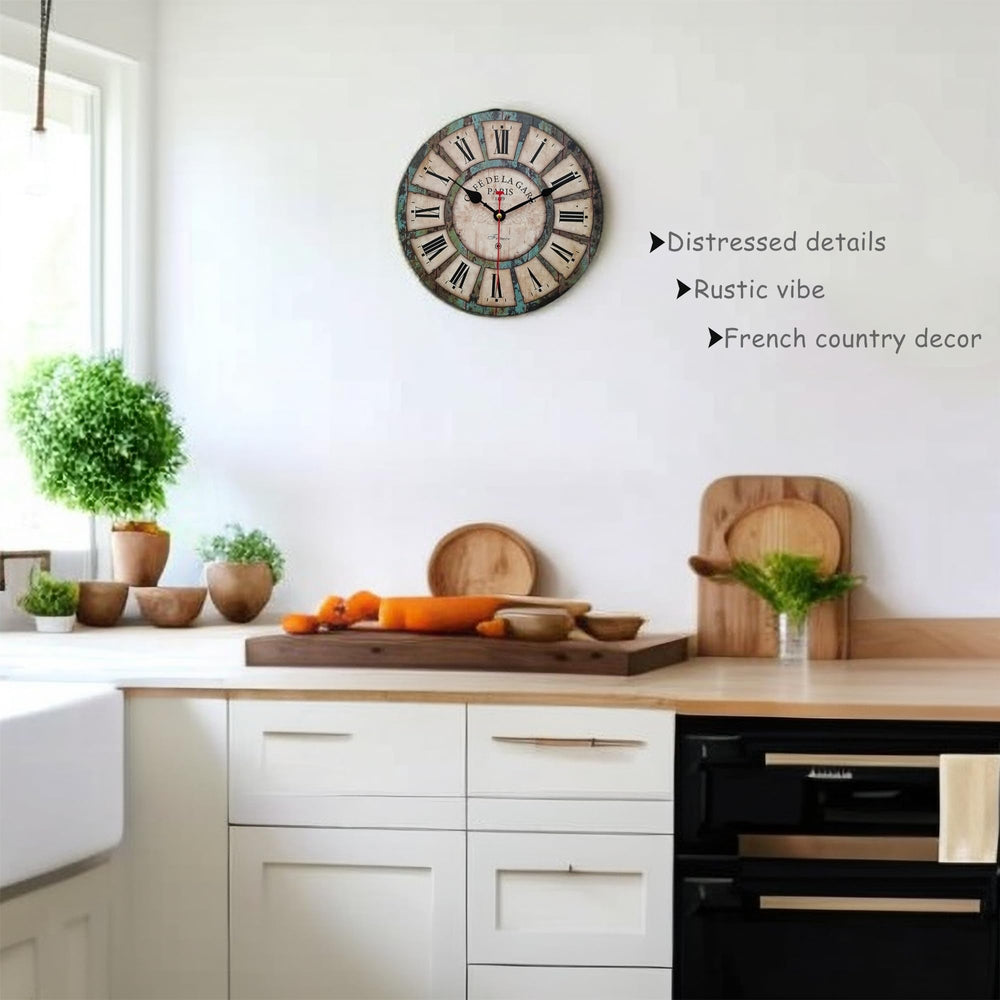 Qukueoy 12 Inch Silent Round Wooden Wall Clock Rustic C