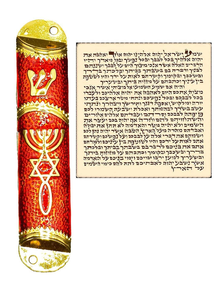 SOLOMON4U Hand Painted Red Enamel Jewish Mezuzah Embellished with Gold Accents and The Messianic Seal Wall Décor Scroll Included Made in Israel (4.2 Inches) (RED)