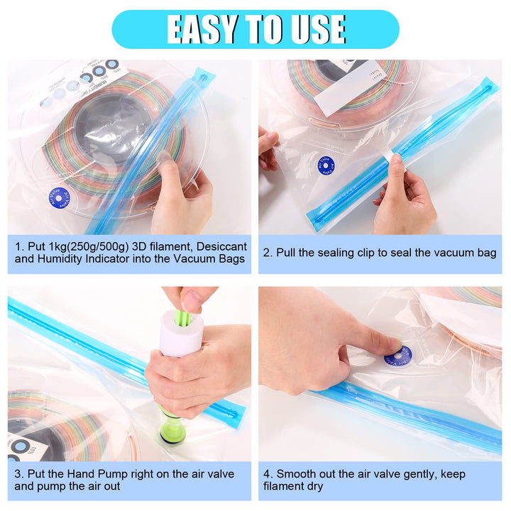 Filament Storage Bag Vacuum Kit with Two Sizes - 51 PCS Cleaning Drying Sealed 25 Bags for 3D Printer Filament with Desiccants/Humidity Indicator Cards/Clips/Hand Pump