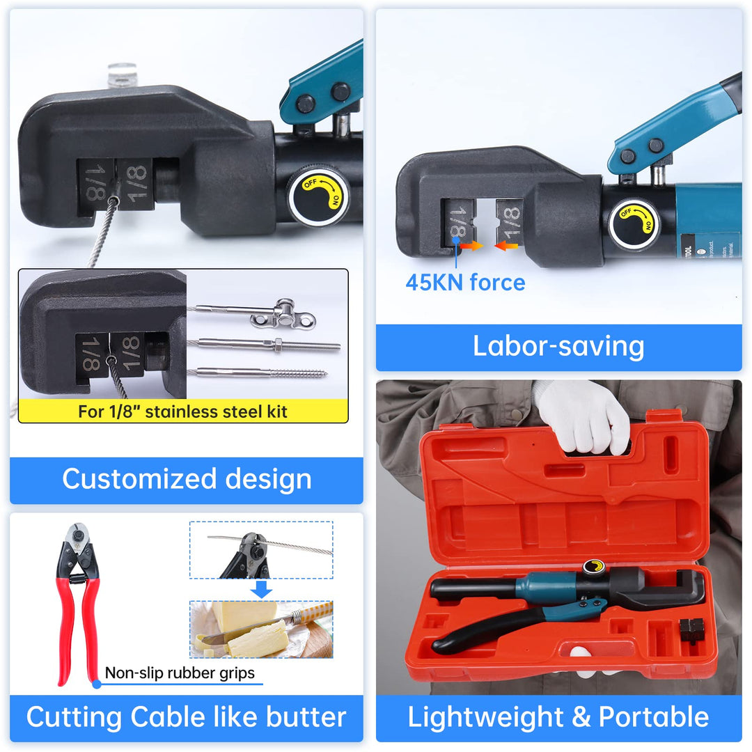Muzata 45 KN Upgraded Custom Cable Railing Hydraulic Crimper Hand Tool for 1/8 Stainless Steel Cable Railing Kit Wire Rope Swaging 1 Pair Dies with Wire Cable Cutter CR09 CK12, CT1