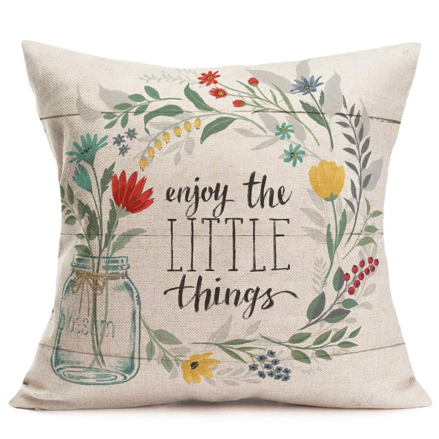 Inspirational Quotes Throw Pillow Cases Bloom Leaves Decorative Cotton Linen Cushion Covers Standard Vintage Wood Background Farmhouse Decor 18x18 Inches Pillowslip, Enjoy The Little Things