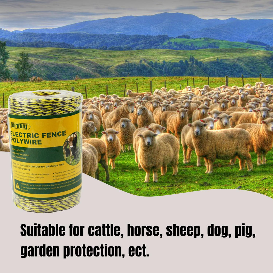 Portable Electric Fence Polywire, 656 Feet 200 Meter, 6 Conductors, Yellow and Black Color, Easy to Install Repair Splice and Rewind