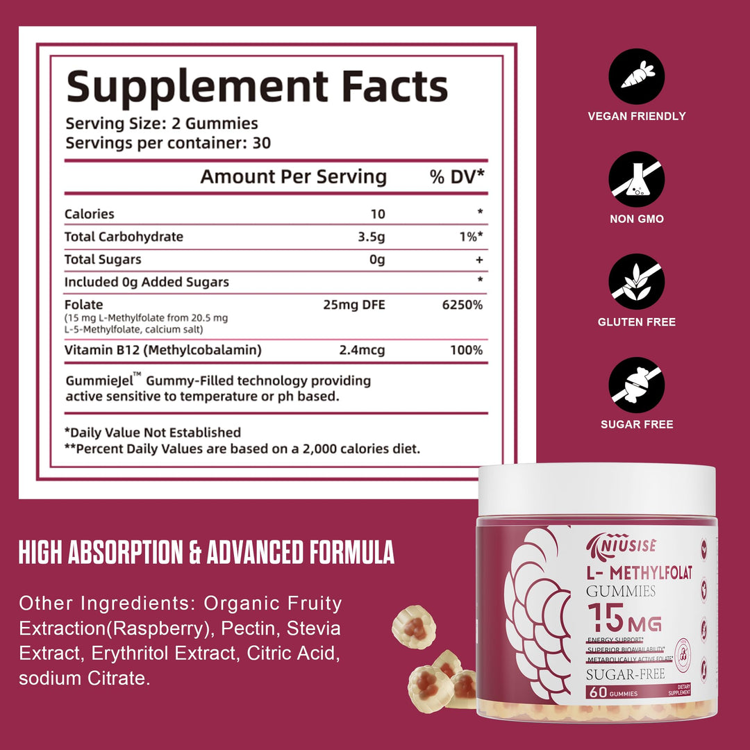 NIUSISE L-Methylfolate 15mg Gummies for Adult, Sugar Free Gummies Help Improve Energy, Brain Function - Active Folic Acid & Vitamin B12 Supplement for Immune Support, Non-GMO, Gluten Free