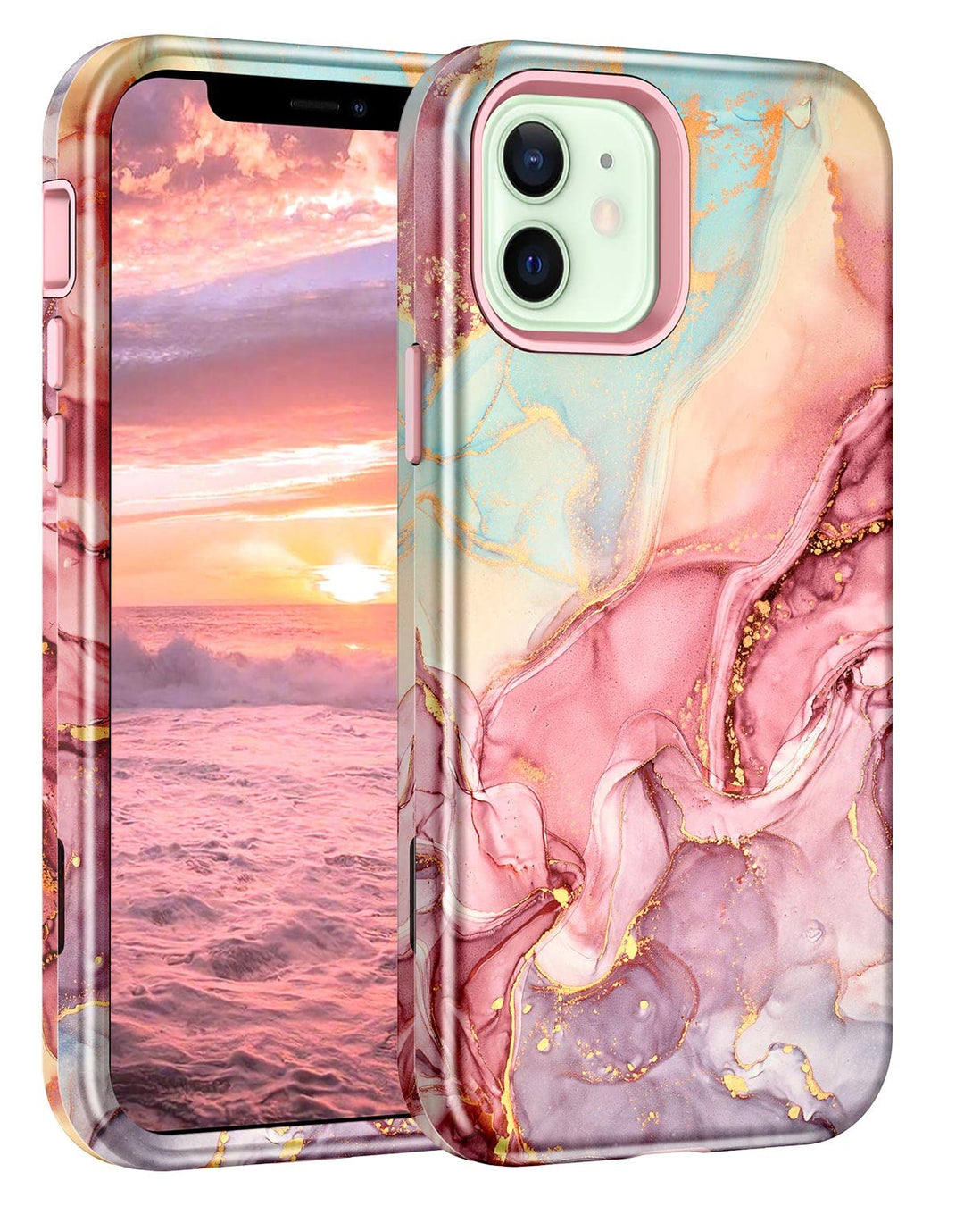 for iPhone 12 Case/iPhone 12 Pro Case, Heavy Duty Three Layer Marble Shockproof Full Body Rugged Hard PC+Soft TPU Bumper Drop Protection Women Girls Cover for iPhone 12/12 Pro, Rose Gold